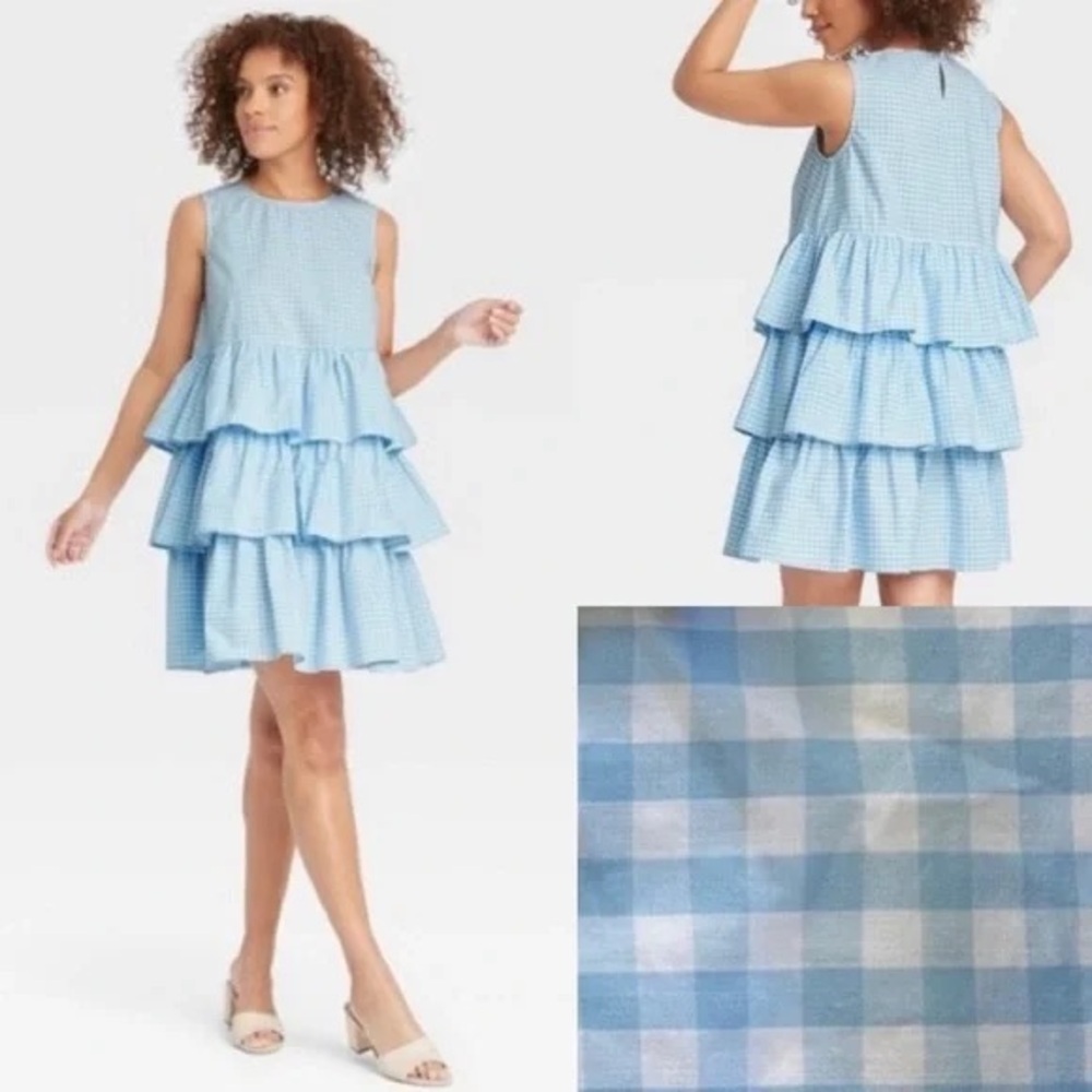 Who What Wear blue white gingham tiered dress size XS